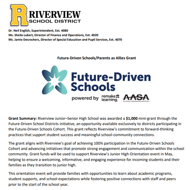 RiverviewSD_'s tweet image. 🎉 RV Jr–Sr HS has been awarded a $1,000 mini-grant through the Future-Driven School Districts initiative!

Funds will support our Junior High Orientation in May, creating a welcoming and informative experience for incoming students/families as they transition to junior high.📚✨