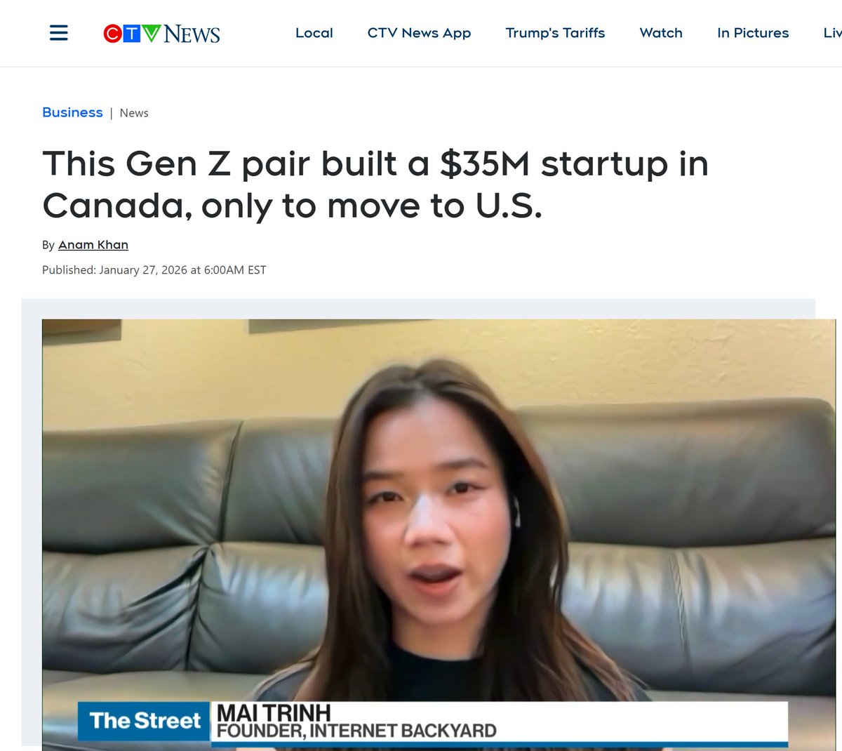cbcwatcher's tweet photo. "Canada is like a really good looking guy you want to date, but for some reason, he makes it really difficult for you to be with him.

That’s an analogy from Mai Trinh, a recent business graduate from Simon Fraser University who co-founded a startup valued at $35 million, before moving it to San Francisco to scale.

“You wake up one day, you realize your worth, and then you get out,” said Trinh."