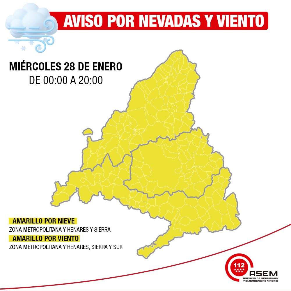 🟡 Aviso amarillo de @aemet_madrid

 🗓️ Miércoles 28 de enero.
 
❄️ Nieve.
📍Sierra. 
🕒 De 00:00 a 20:00h. 

📍Metropolitana y Henares 
🕒 De 6:00 a 12:00h.

💨 Viento.
📍Toda la <a href="/ComunidadMadrid/">Comunidad de Madrid</a> 
🕒 De 6:00 a 20:00h.

Rachas máximas de 80 km/h sierra y 70km/h resto.

#ASEM112
