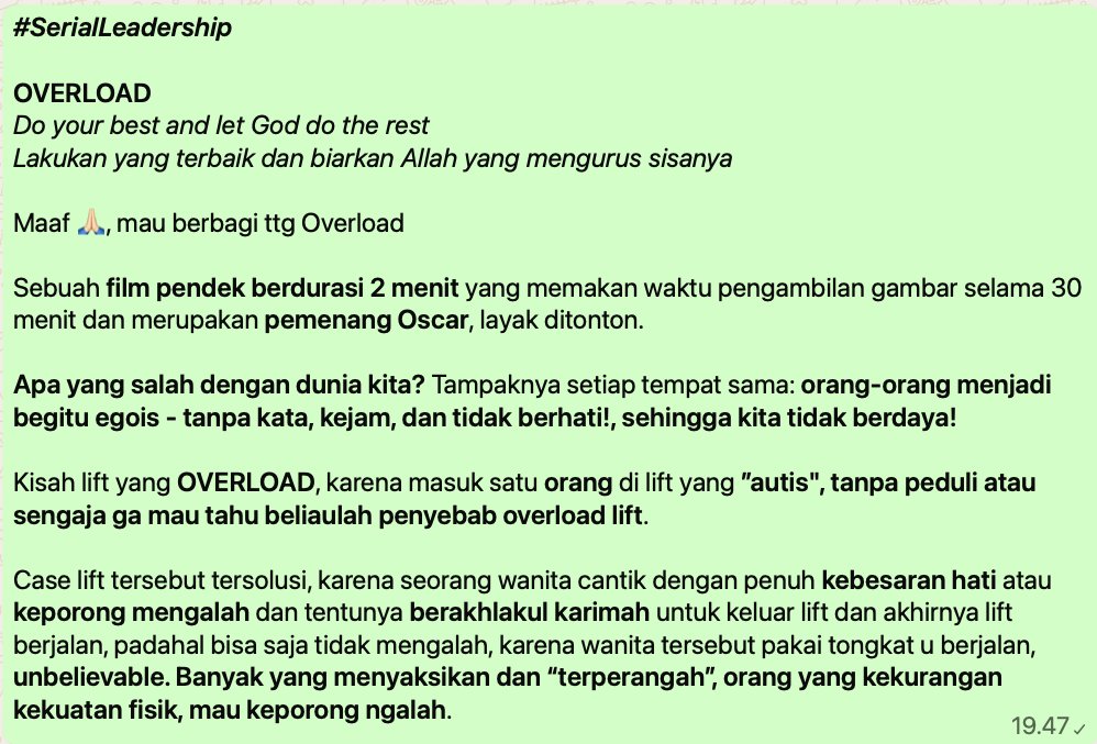 abdulaziso's tweet photo. #SerialLeadership

OVERLOAD
_Do your best and let God do the rest_
_Lakukan yang terbaik dan biarkan Allah yang mengurus sisanya_

Sebuah film pendek berdurasi 2 menit yang memakan waktu pengambilan gambar selama 30 menit dan merupakan pemenang Oscar, layak ditonton. https://t.co/LkohX9I6bL