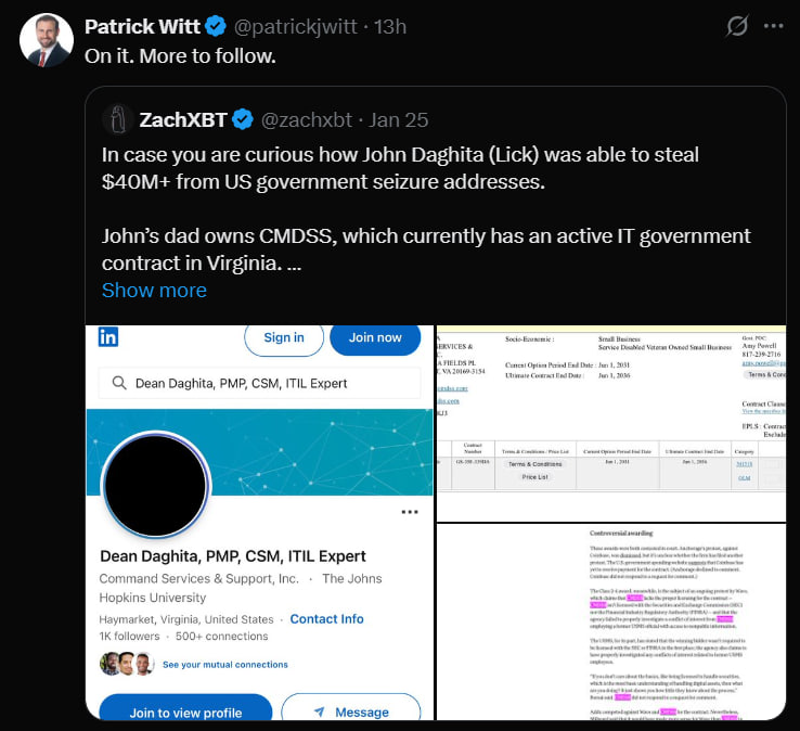 Cointelegraph's tweet image. 🚨 UPDATE: Patrick Witt and the US Marshals Service are officially investigating the $40M+ US govt crypto theft, per ZachXBT.