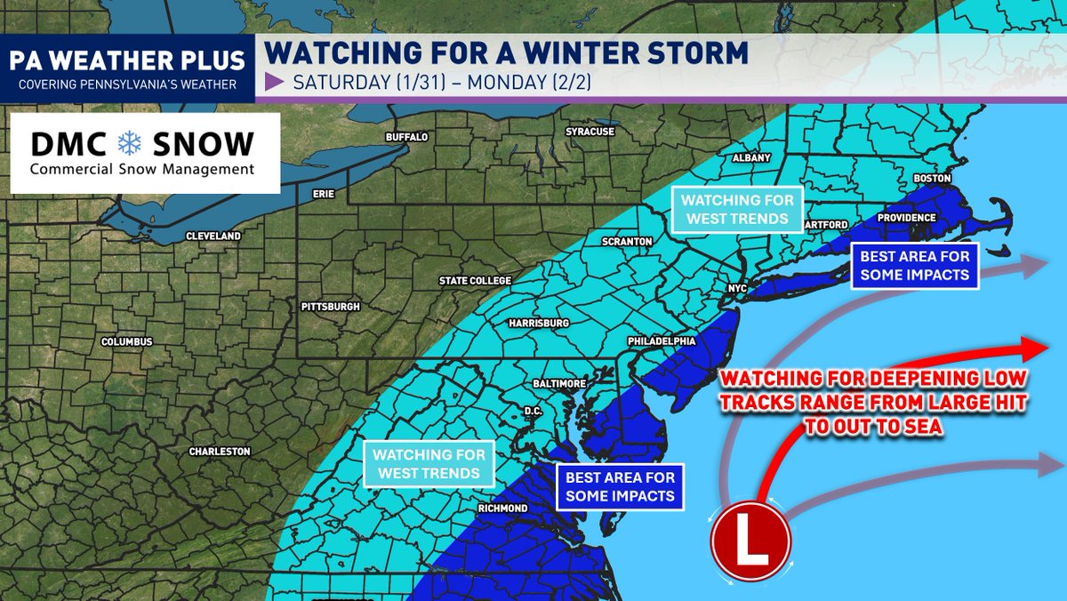 ** TUESDAY MORNING WEEKEND STORM UPDATE **

Overnight models and ensemble guidance are beginning to consolidate on a purely coastal storm and trending away from a more inland impact, as seen on my map yesterday morning. Given we are still 4 - 5 days out from this storm occurring,