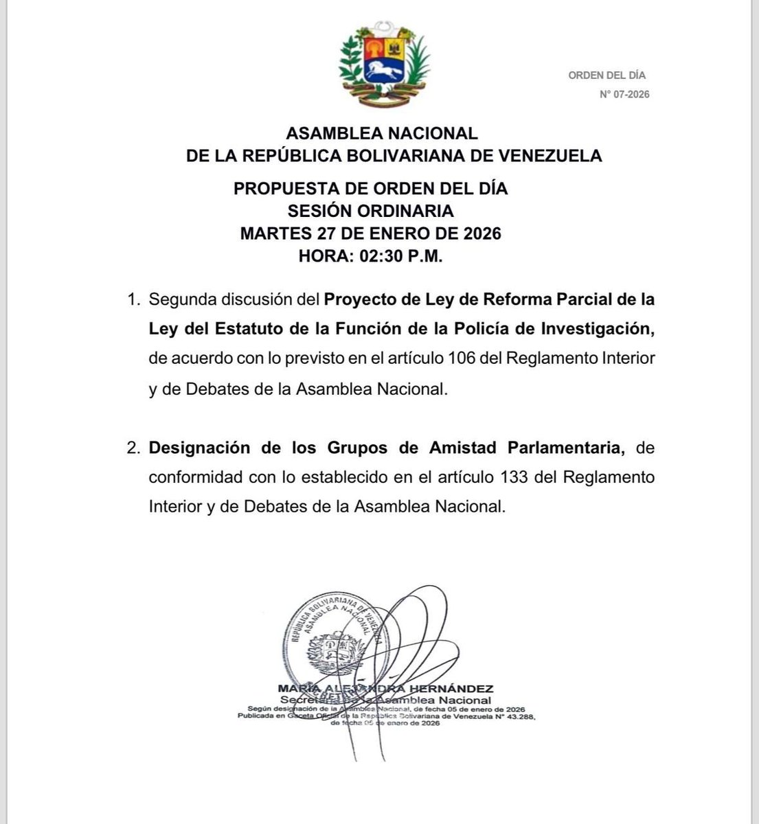 Asamblea_Ven's tweet photo. 🏛 | PROPUESTA DE ORDEN DEL DÍA 
Martes  #27Ene  02:30 pm
#AsambleaNacional 🇻🇪
#SesiónOrdinaria https://t.co/6vL8xFAboc