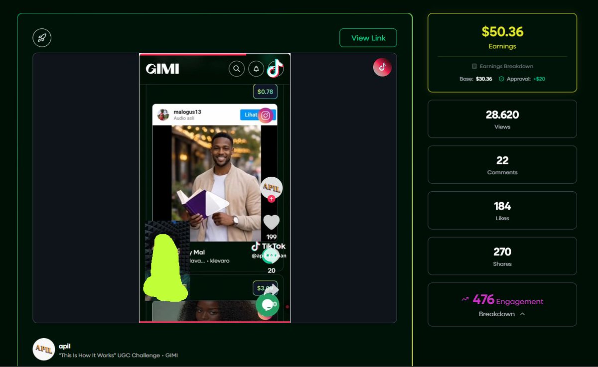 My TikTok video only hit 28k views and <a href="/GimiApp/">GIMI</a> paid me $50 💵💵.

Only Gimi does this. Normal post, organic engagement, instant payout.
No millions of followers. No crazy virality. This is my real payout proof.

Flow is simple:
Pick campaign → create content from brief → post