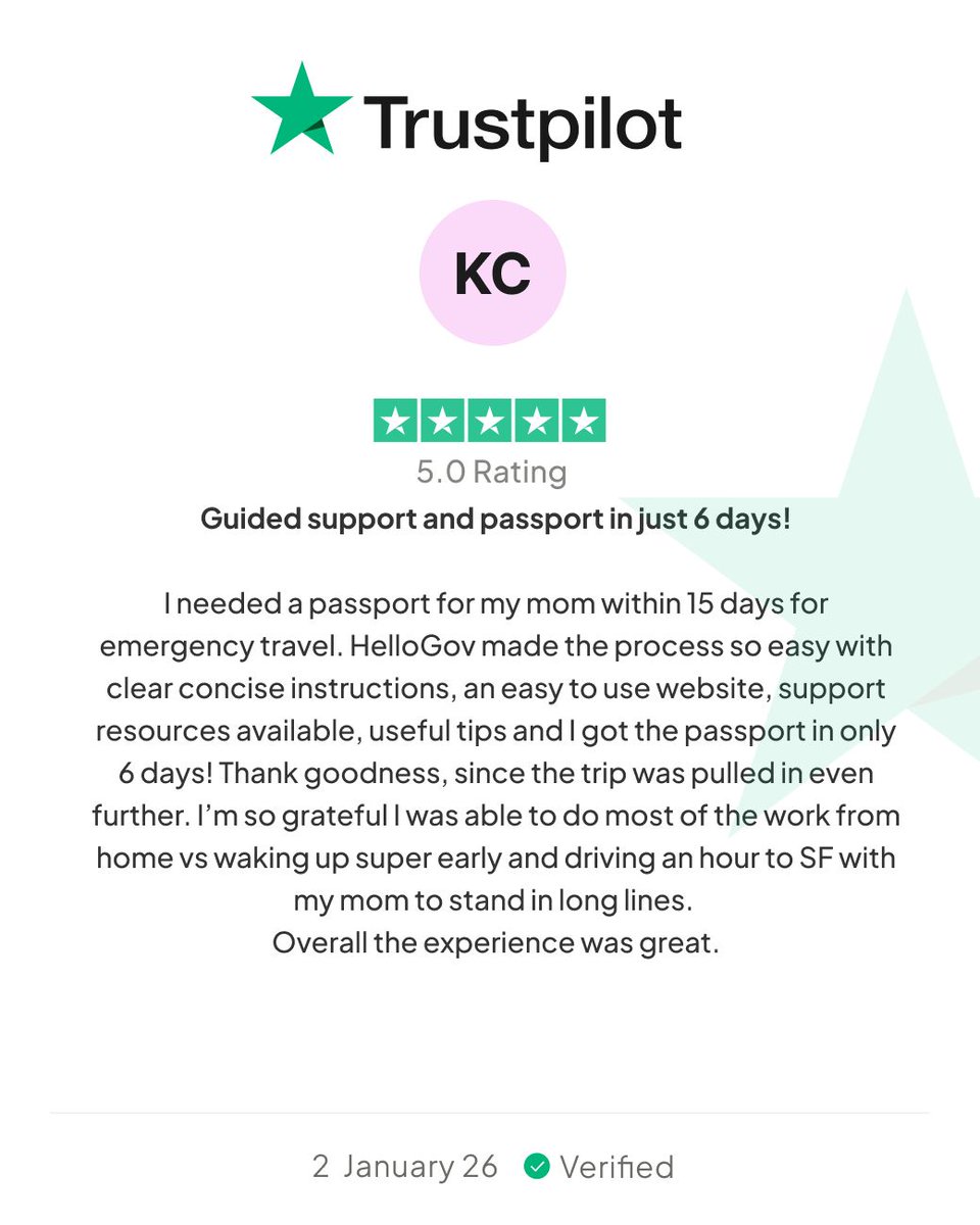 hellogovai's tweet image. New year, same 5-star service ⭐️
It’s only January and our 2026 reviews are already rolling in.

#passporttok #HelloGov #CustomerLove #2026ready