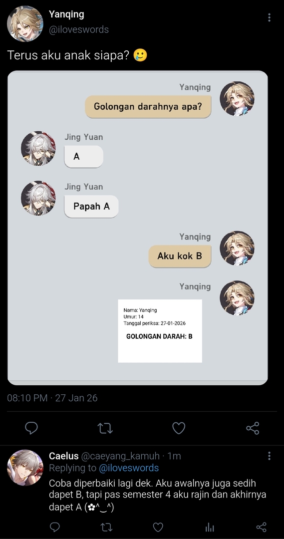 One tweet Pomfic!
Untung Yanqing gak dapet C ke bawah, kalo nggak harus ngulang biar bisa cumlaude