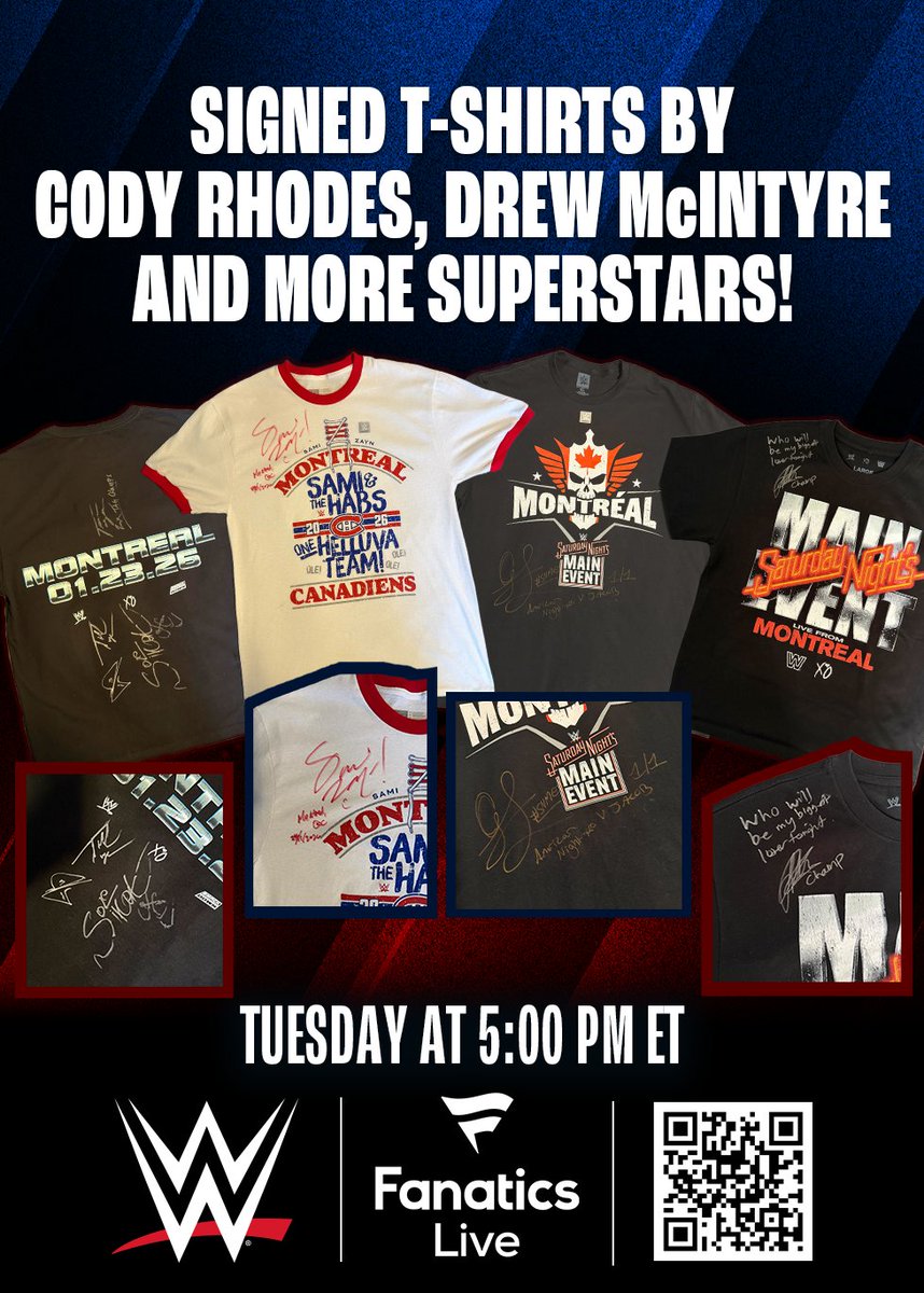 WWE's tweet image. TODAY on @fanaticslive!

Signed Montreal t-shirts by @CodyRhodes, @DMcIntyreWWE, @SamiZayn and the MFTs!

Get in on the action with @notsam today at 5 PM ET! bit.ly/4k440NC