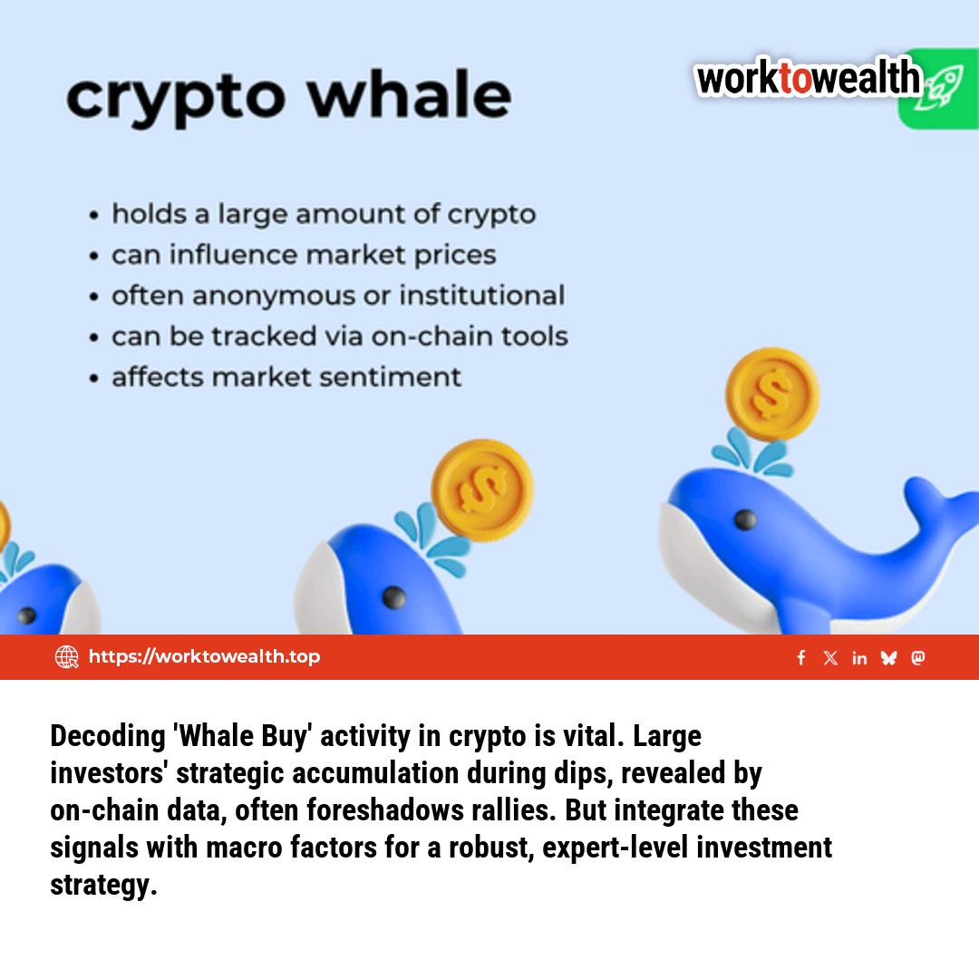 work2wealth's tweet image. Decoding 'Whale Buy' activity in crypto is vital. Large investors' strategic accumulation during dips, revealed by on-chain data, often foreshadows rallies. But integrate these signals with macro factors for a robust, expert-level investment strategy.