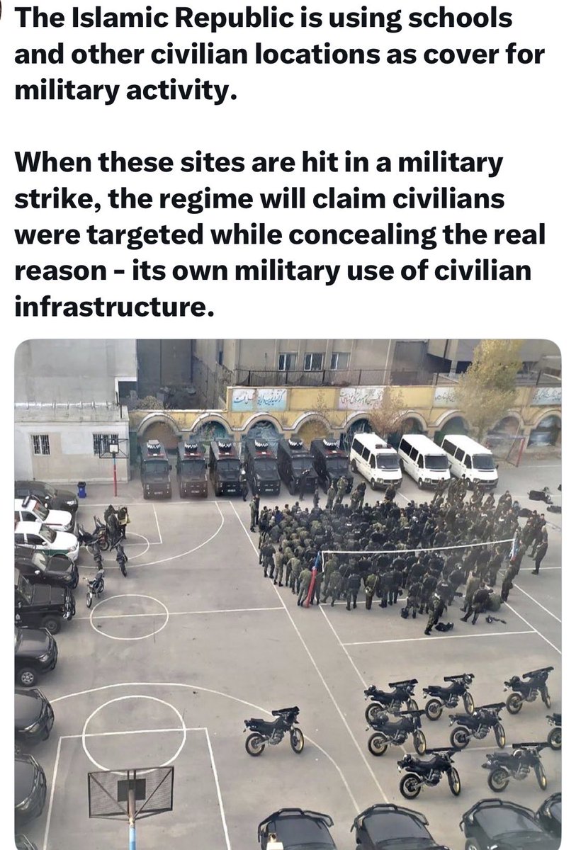 ParisaMoshtagh's tweet image. The Islamic Republic is using schools and other civilian locations as cover for military activity. #EndIRGC #FinishIRGC #IRGCAttackingCivilians  #FreeIran #IranBlackout #IranMassacre #IranRevolution2026 #KingRezaPahlavi