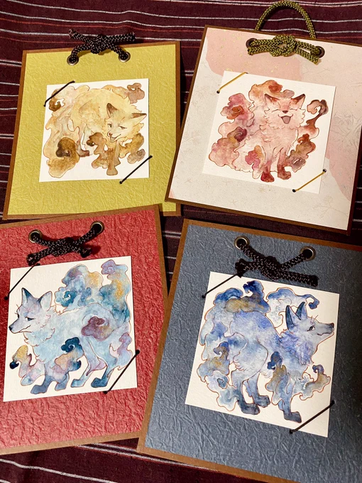 #初午きつね展 2026 今回展示する原画たちです 『おきつねはーと』 『春の出迎え』 『彩りきつね』(4点)