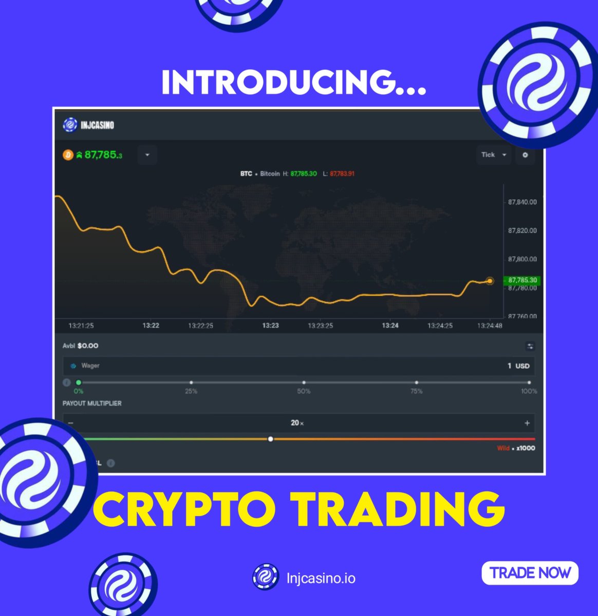injcasino's tweet image. We are proud to introduce to our users our newly added crypto trading platform🎉

Trade perps of crypto with up to 1000x leverage using injcasino🔥

10 $INJ giveaway to celebrate 🎁
Simply:
Follow @injcasino  
Like and RT
Leave a comment adding $INJ