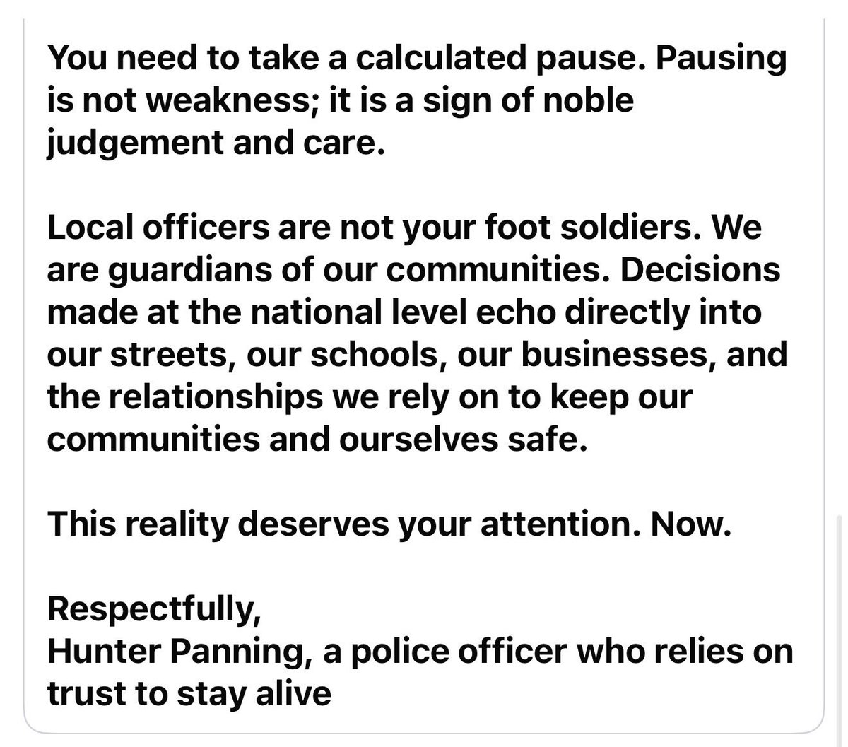 A letter from a Minnesota police officer who reflects the values of public service.