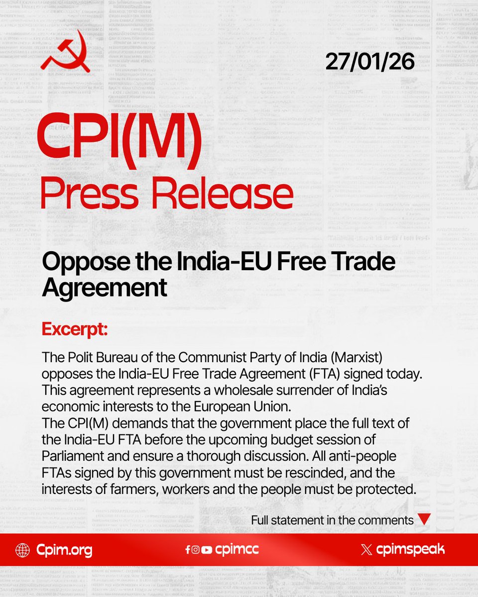 cpimspeak's tweet photo. CPI(M) Polit Bureau opposes the India-EU #FreeTradeAgreement

#FTA #EuropeanUnion https://t.co/xP0DsD897R