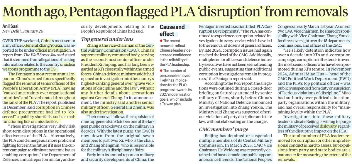imRavikantYadav's tweet photo. *In China's series of purges, why latest one stands out

:By Ms Rishika Singh
@RishikaS_

*A month ago, Pentagon flagged PLA 'disruption' from removals

:By Sh @sasi_anil

#China #ZhangYouxia #CORRUPTION #XiJinping 
#Disloyalty #Indiscipline #CMC
#USA #PENTAGON 

#UPSC https://t.co/mb6MOIEH69