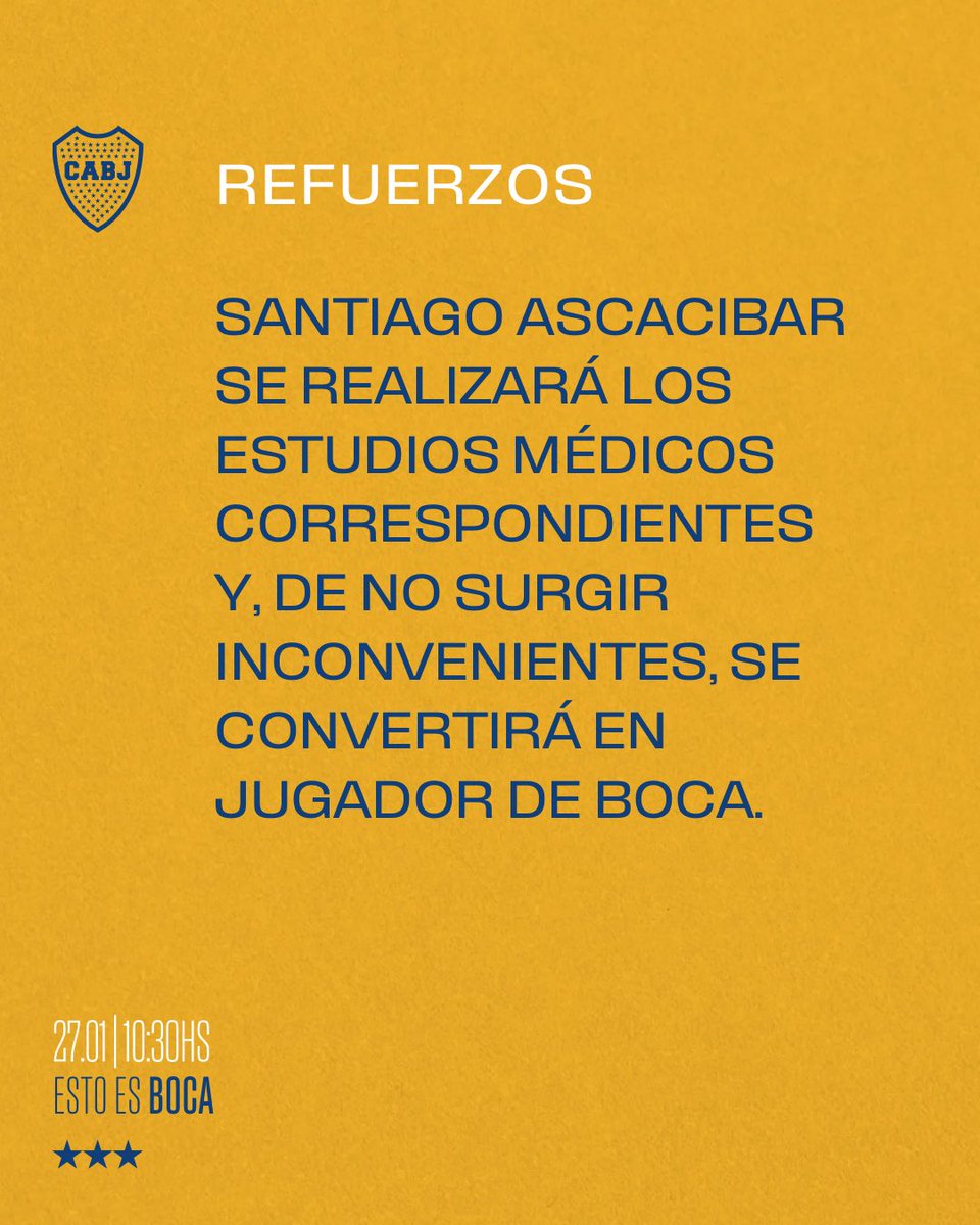 #Refuerzos

Santiago Ascacibar se realizará los estudios médicos correspondientes y, de no surgir inconvenientes, se convertirá en jugador de Boca.