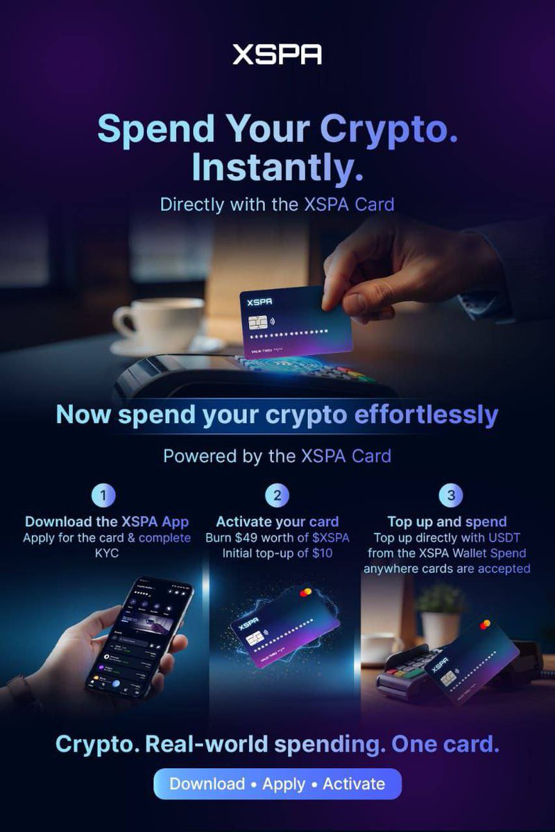 Crypto just became spendable. Instantly. Spend your crypto effortlessly  with your XSPA Card. No bridges. No waiting. No confusion. Just tap, pay,  and move. How it works: 1. Download the XSPA App