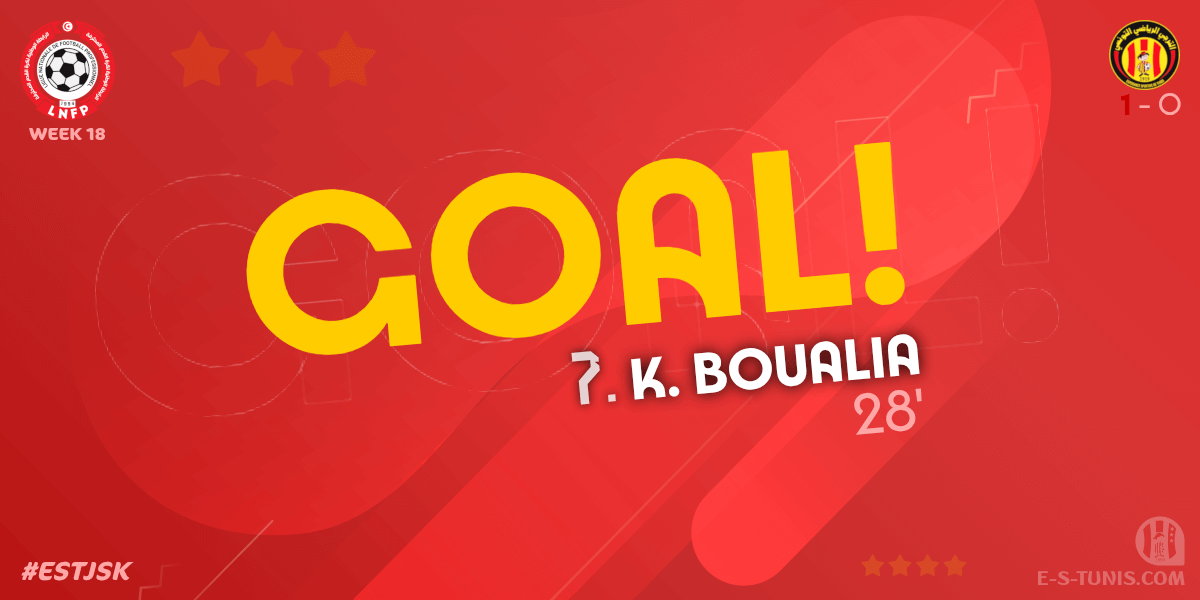 ESTuniscom's tweet photo. ⏱ 28' | #Ligue1Tn🇹🇳 Week 18 #ESTJSK | @ESTuniscom 1⃣-0⃣ #JSKairouan : ⚽️ K. Boualia (EST) scores! / هدف / But https://t.co/Ra7NELVm96
