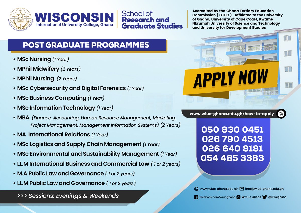 From Nursing, Midwifery, Business, and Law to IT, Cybersecurity, International Relations, and Governance, we have the perfect program to match your goals.

Apply here:
wiuc-ghana.edu.gh/how-to-apply

#wiucghana #GraduateStudies #Nursing #Midwifery #MBA #Cybersecurity #Business #IT #Law