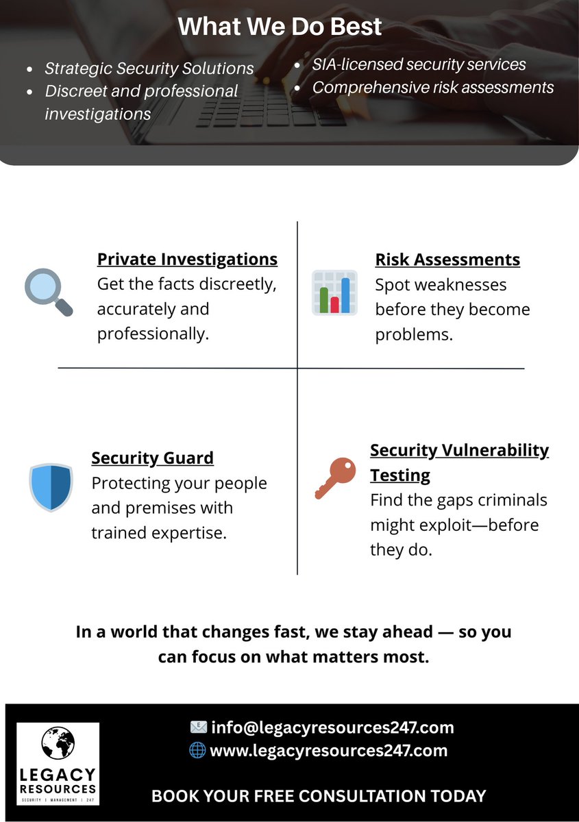 🛡️ Protecting What Matters Most – Wherever You Are

At Legacy Resources, we’re more than a security provider — we’re a trusted business partner in safety, investigations, and risk management.

Founded on trust, discretion, and results, we deliver tailored, client-centric security