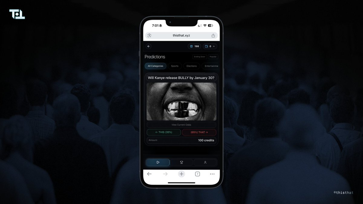thatapp's tweet image. You can’t swipe on Kanye.
But you can swipe on whether he drops an album this month.

So what's your take?
This or That?