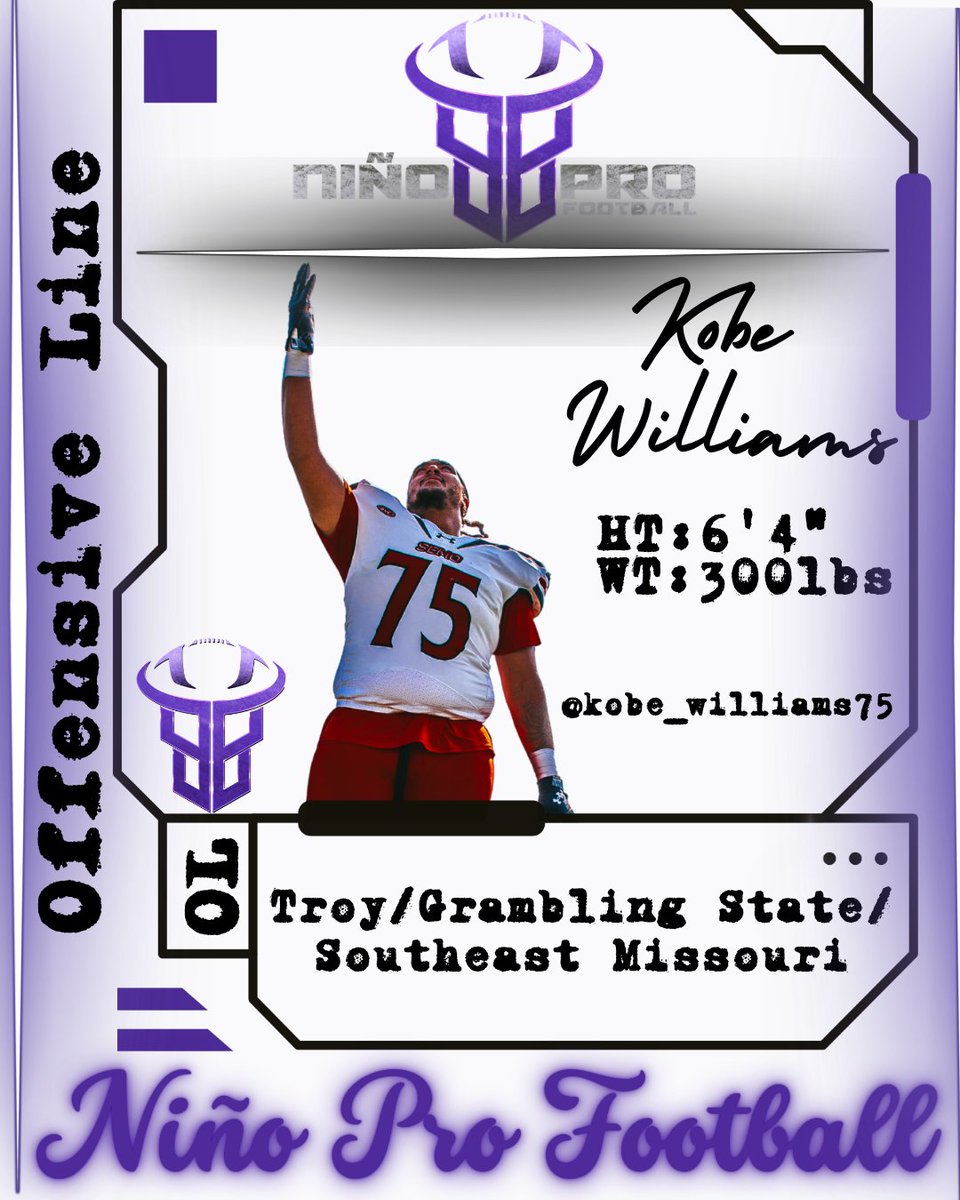 ninoprofootball's tweet photo. Please join me in welcoming Kobe Williams to Niño Pro 🏈‼️

Kobe Williams - OL
Height/Weight: 6'4" 300 lbs
College: Troy/Grambling State/SE Missouri
Previous Pro Exp: Rookie

🔑Attributes
⚡ Controlled Violence
⚡️ Elite "Big Skill" Athleticism
⚡ Reliable Finishers https://t.co/Sb5431NqQl