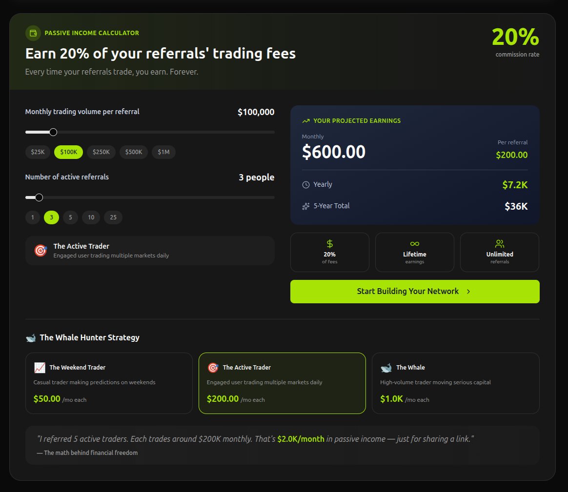 PredictBay's tweet image. our referral program pays you 20% forever which means you make more from your friend's trading addiction than most influencers make from their course scams