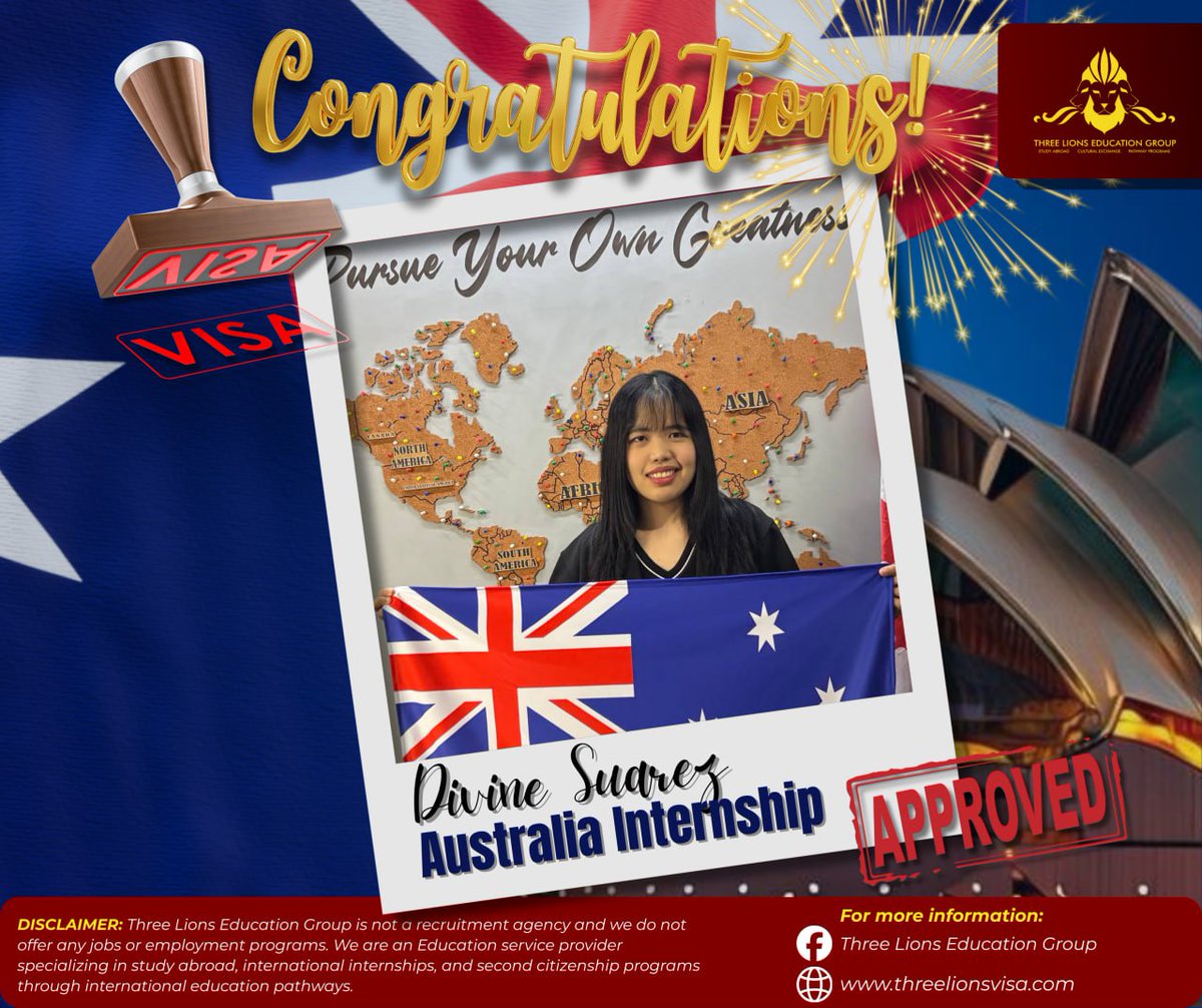 ThreeLionsVisaS's tweet photo. AUSTRALIAN CULINARY INTERNSHIP VISA APPROVAL!🏆🇦🇺
🇦🇺 Congratulations🇦🇺Divine, we'll miss you, but we're thrilled for you and this incredible opportunity. May your internship be successful. We wish you the best in your career and life down under🇦🇺🦘🐨🪃 https://t.co/5O1nu2R1Cp