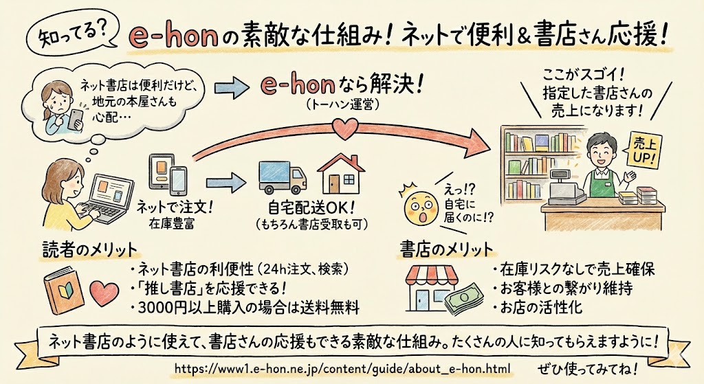 あなたはご存知ですか？
本の問屋トーハンが運営しているe-honは、自宅配送をしても指定した書店さんの売上になります。ネット書店のように使えて、書店さんの応援もできる。素敵な仕組みなのに、あまり知られていないのですよね。だから何度でも紹介します。たくさんの人に知ってもらえますように。