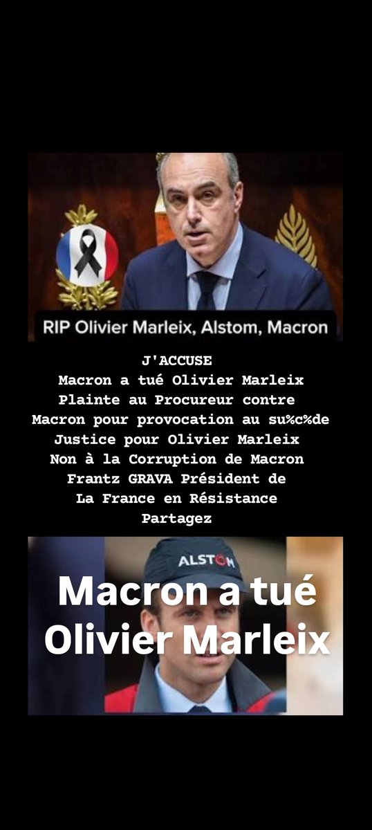 Macron a tué Olivier Marleix. 
Plainte au Procureur contre Macron pour provocation au su%c%de
Justice pour Olivier Marleix. Non à la Corruption de Macron. #frantzgrava #MacronEnPrison #OlivierMarleix #presidentielle2026 #lafranceenresistance Partagez