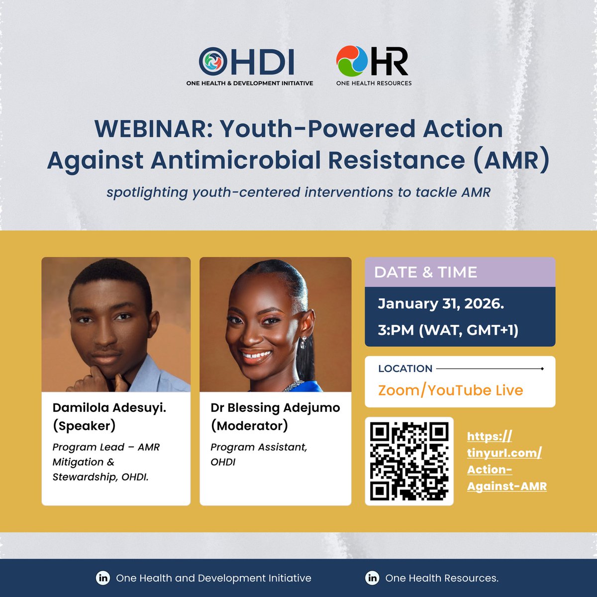 OHResource's tweet photo. January One Health Spotlight Webinar! Explore how youth-powered, community-driven action is advancing AMR through One Health. Learn from practical youth-led initiatives making real impact. 

📆31 Jan 2026, 3pm WAT. 

Register: https://t.co/V9RmmztIfi

#OneHealth #AMR #YouthInAction #OHDI #OHR