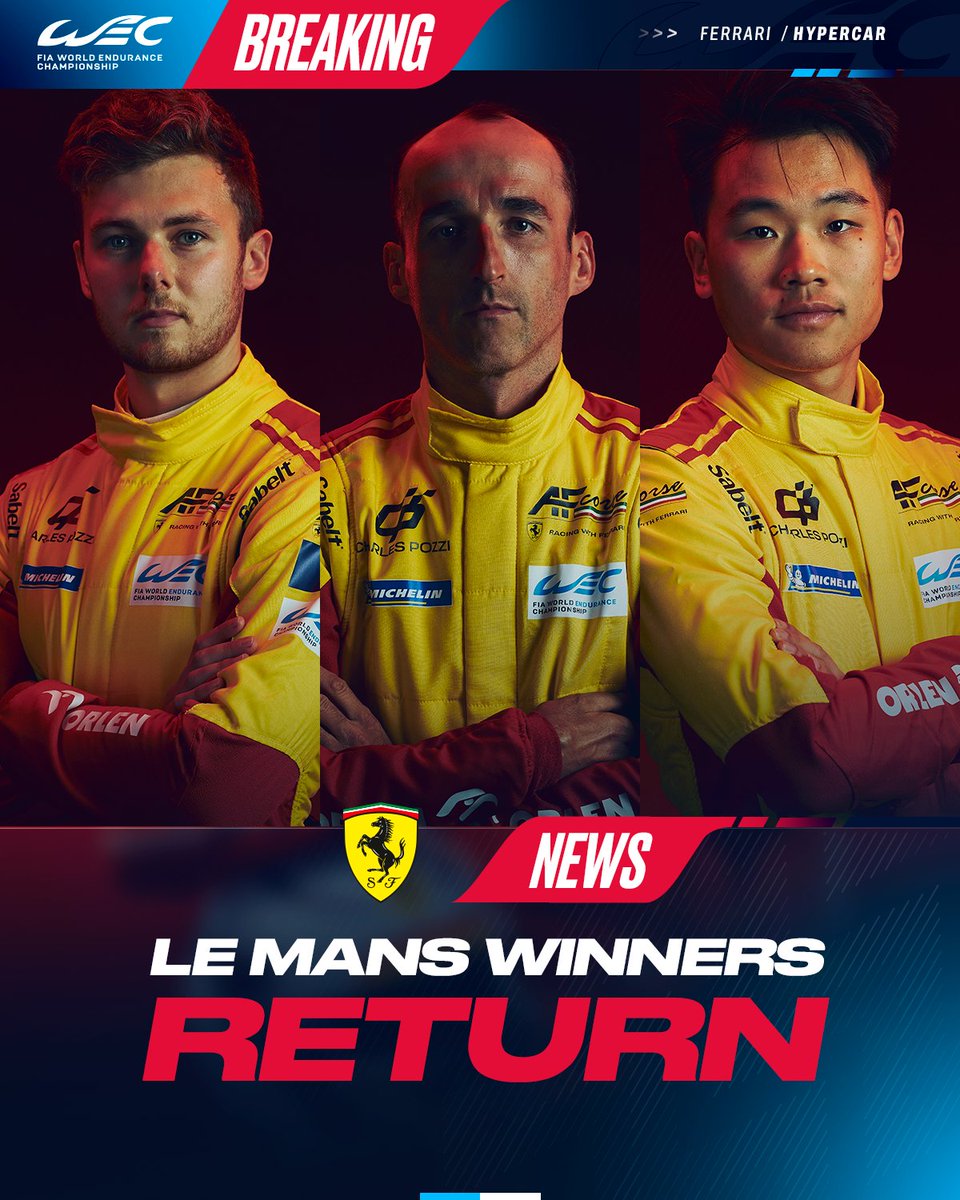 BREAKING NEWS 🚨: <a href="/AFCorse/">AF Corse</a> announces driver lineup for 2026 which retains Le Mans winning crew.

<a href="/R_Kubica/">Robert Kubica</a>, <a href="/Yifei_YE/">Yifei Ye 叶一飞</a>, and Phil Hanson will return for another shot 💪

#WEC #Ferrari