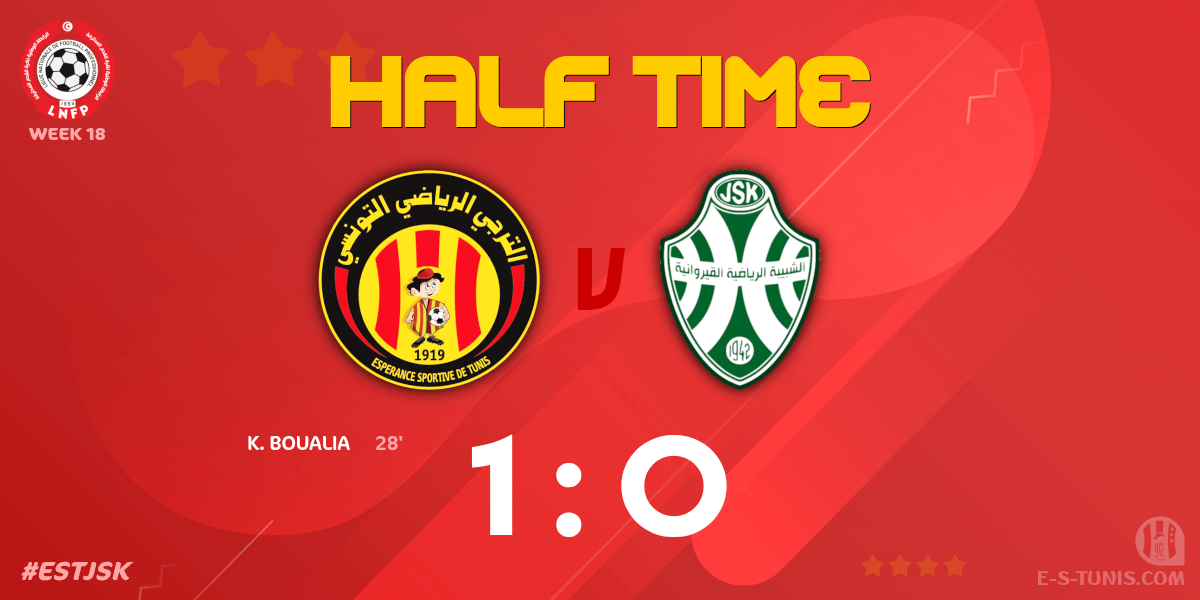 ESTuniscom's tweet photo. ⏱ HT | #Ligue1Tn🇹🇳 Week 18 #ESTJSK | @ESTuniscom 1⃣-0⃣ #JSKairouan : End of the first half / نهاية الشوط الاول / Fin de la première période https://t.co/mlCR4lRFjA