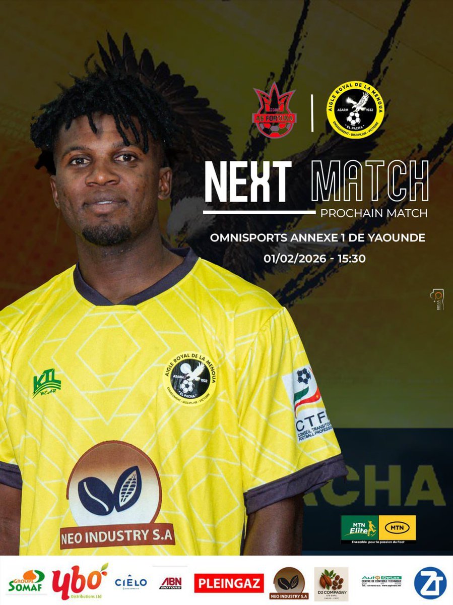 asarm_club's tweet photo. 🟡⚫️ #PROCHAIN_MATCH 🔥

🆚 AS Fortuna
🏟️ Omnisports Annexe 1 - Yaoundé
🗓 01/02/2026 
🕰️ 15h30
📱 En direct sur notre page Facebook 

Nous vous attendons nombreux pour pousser El Pacha À LA VICTOIRE 🎉

#Elpacha
#AllezAigle 🦅💛🖤 https://t.co/fbVF91tkSw