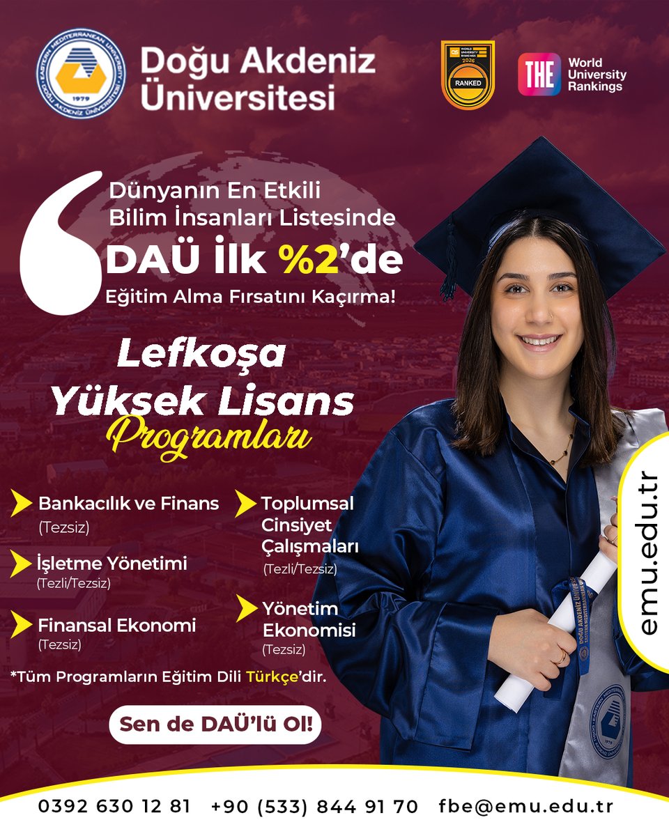 Dünyanın en etkili bilim insanları listesinde ilk %2’de yer alan akademik kadrosuyla Doğu Akdeniz Üniversitesi, Lefkoşa Yüksek Lisans Programları ile kariyerine değer katıyor.

 #sendeDAÜlüol
