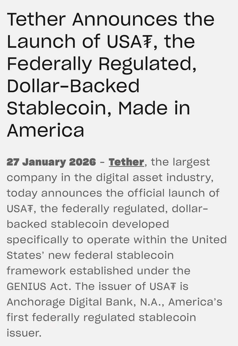 ChadSteingraber's tweet photo. Tether launches their US Dollar-Backed stablecoin covered under the Genius Act.

USAT 🇺🇸 Federally Regulated https://t.co/3H1eWRHtkm