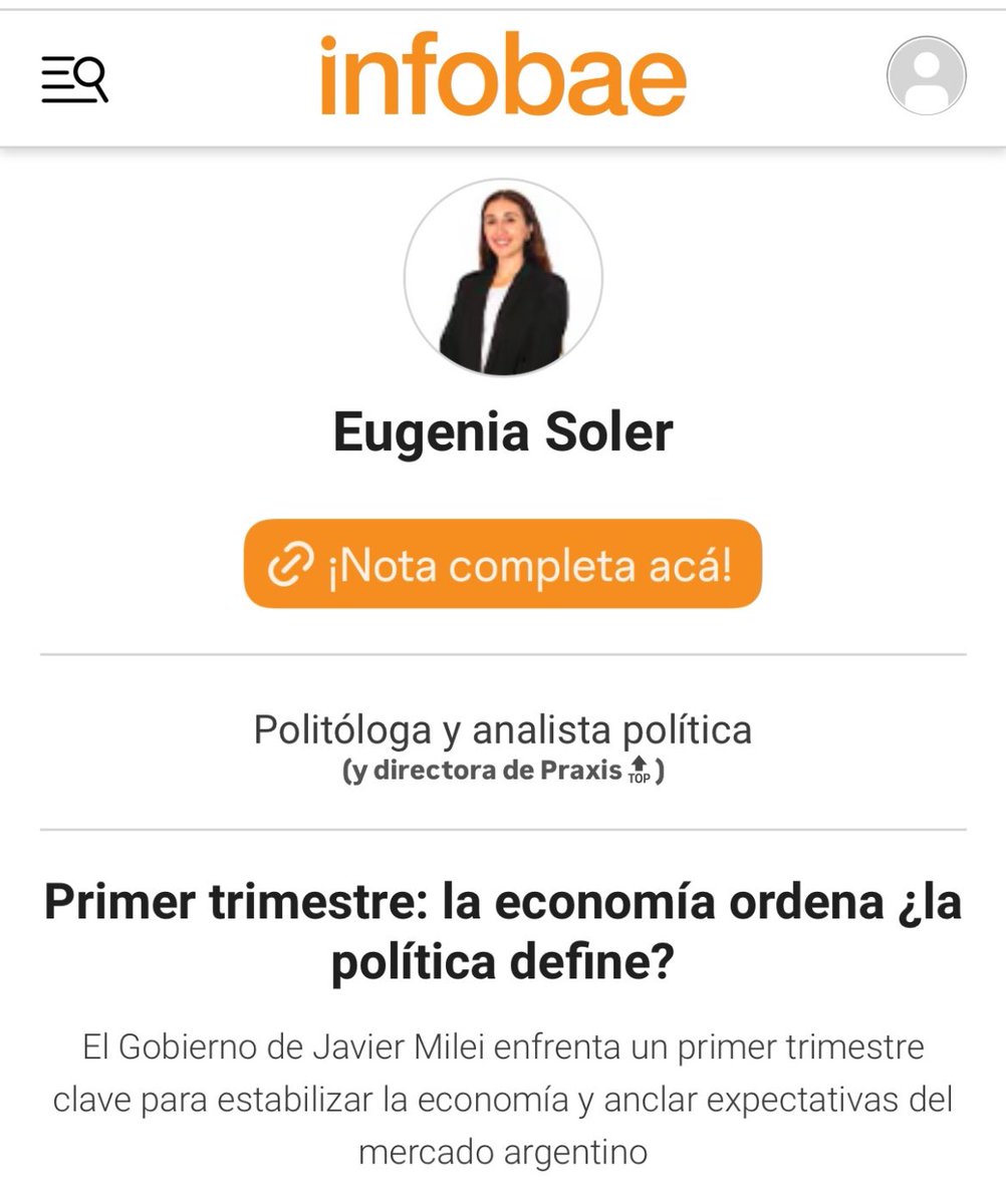 📊 Primer trimestre clave para #Argentina: la economía ordena, la política define. ¿Qué puede pasar en los próximos meses?

🖊️ Análisis de Eugenia Soler, analista de Praxis Consultora

👉 Nota completa en Infobae:
infobae.com/opinion/2026/0…