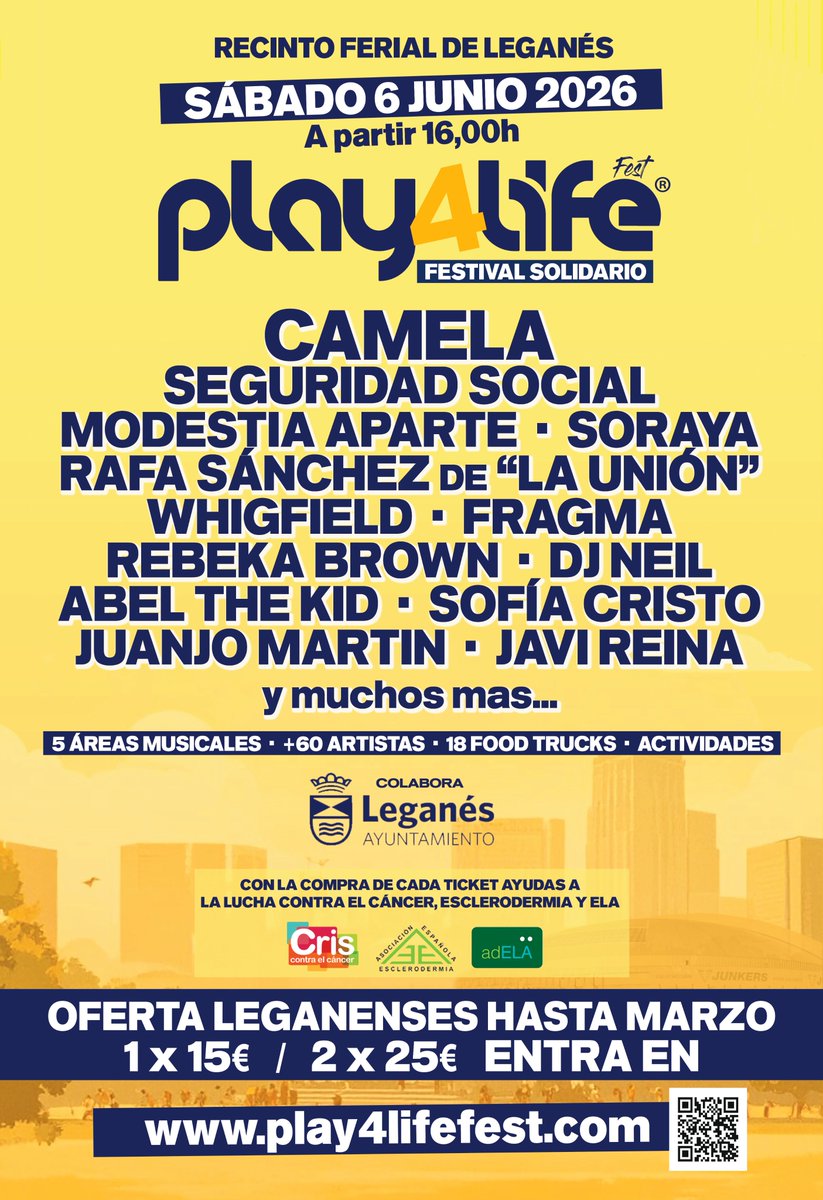 AytoLeganes's tweet photo. ➡️ En junio llega a Leganés el Festival Solidario PLAY4LIFE, con @camelaoficial como cabeza de cartel
🤝 Parte de lo recaudado se destinará a una entidad social del municipio
🎟️ Los vecinos de #Leganés tendrán un precio especial en las entradas hasta el 5 de marzo: https://t.co/dRI69OaEd6
👩‍🎤 Además de Camela, por el escenario principal del Recinto Ferial pasarán @SorayaArnelas y las sesiones de Jason Mata (LOCA Urban) y DJ Tello
🎸 Un escenario de los años 80 & 90, con Seguridad Social, Modestia Aparte, Rafa Sánchez (La Unión), Whigfield, Héroes “El Culto” y dos tributos internacionales
🎚️ Y otro 'Remember' con Fragma (“Toca’s Miracle”), Rebeka Brown (“Millenium”) y reconocidos DJs 
📲 https://t.co/syTqTU3FAx