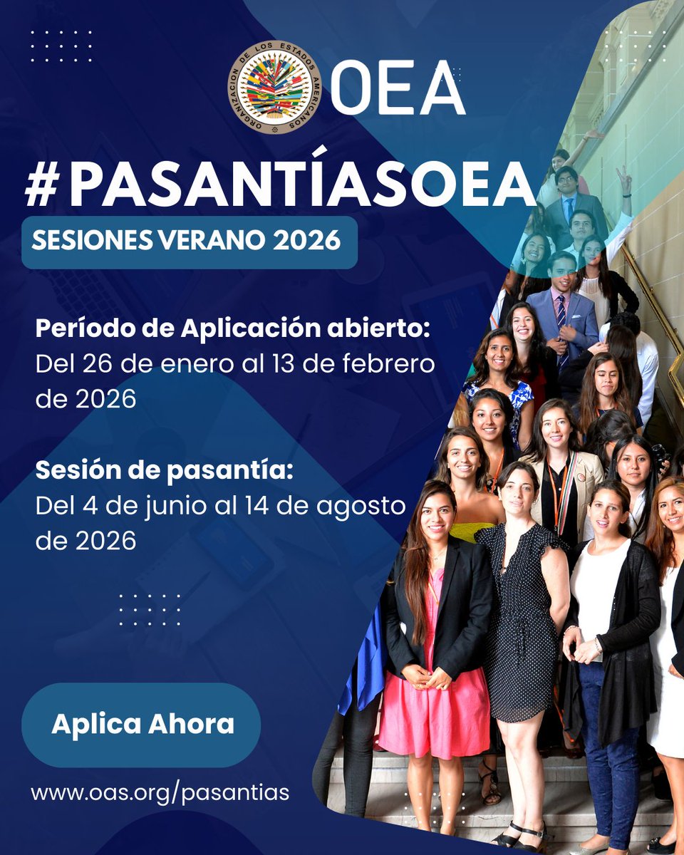 🚀 ¡Ya abrió el periodo de aplicación para las #PasantíasOEA!
Una oportunidad única para adquirir experiencia laboral en la #OEA y en un entorno multicultural.
👉 Postula ahora: bit.ly/PasantiasOEA
🗓️ Cierre: 13 de febrero de 2026