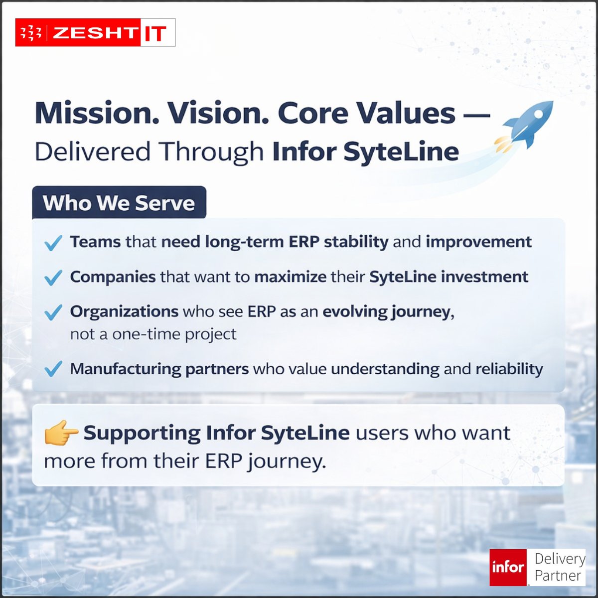 Zesht_IT's tweet photo. Mission. Vision. Core Values—Delivered through Infor #SyteLine.
We help manufacturers keep #ERP stable, improve continuously, unlock unused modules, and boost ROI.
Zesht IT is your long-term SyteLine partner.
https://t.co/n4xjIjSf9l
#InforSyteLine #ManufacturingERP #ZeshtIT https://t.co/DiIcC5XmlT