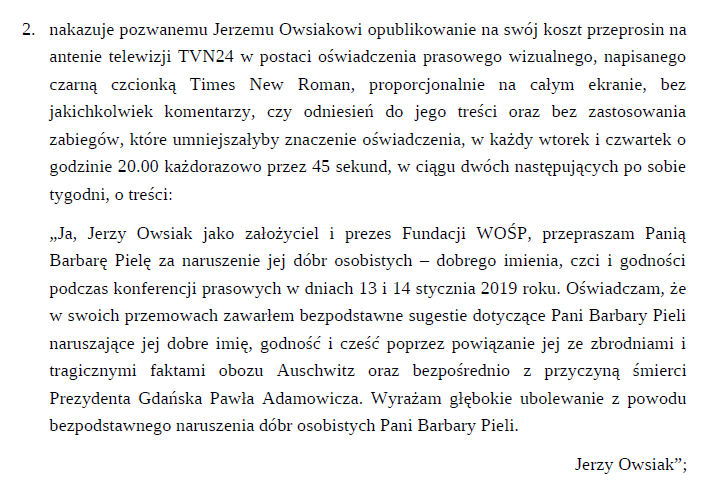 baspiela's tweet image. Fragment wyroku sądu I Instancji z 2022 roku – przeprosiny J.Owsiaka w TVN24. Nic z tego nie zostało!