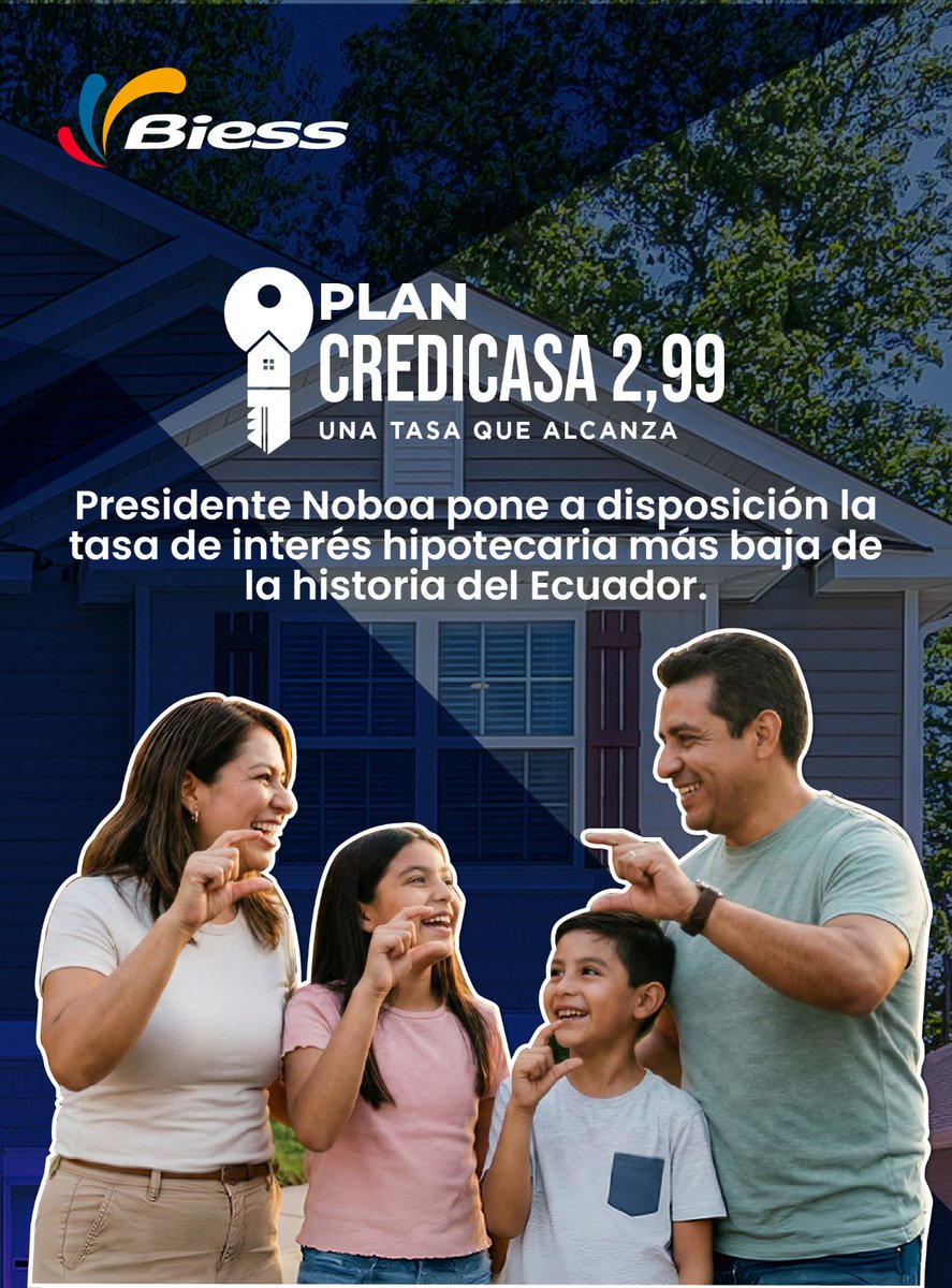 BiessEcuador's tweet photo. #BiessInforma|Tu primera casa, hoy más cerca que nunca.

El Plan Credicasa 2.99 responde al principio de mejora continua y se fundamenta en un análisis técnico, financiero y normativo, orientado a beneficiar a afiliados, jubilados y sus familias.

Boletín: https://t.co/qbwYP0oDER https://t.co/Z4tMzHLad1