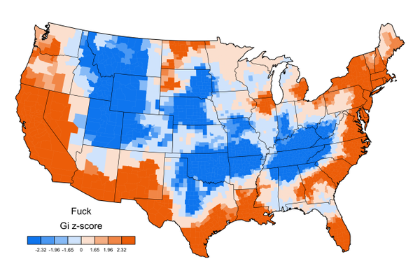 vintagemapstore's tweet image. Heat map of US regions where “fuck” is a popular curse word.