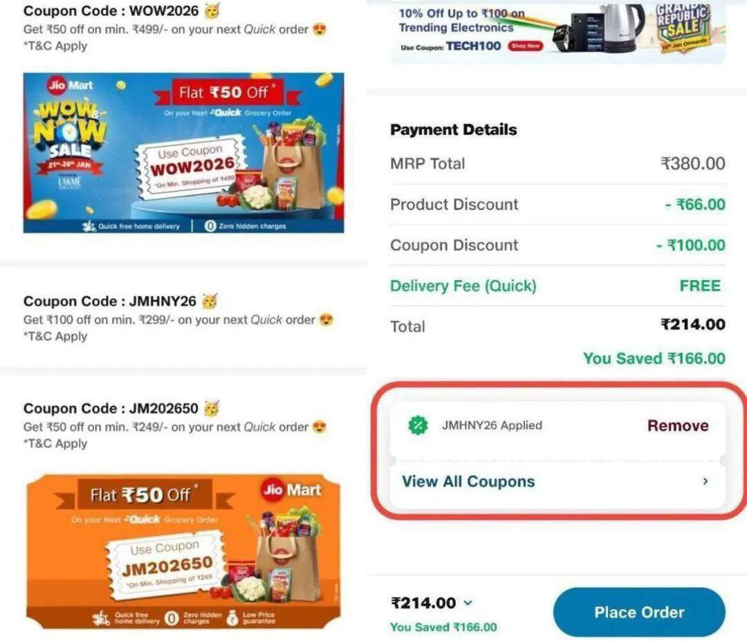 JioMart New Discount Codes

• ₹75 OFF on orders of ₹399 or more : SHOP75
• ₹50 OFF on orders of ₹249 or more : JM202650
• ₹100 OFF on orders of ₹299 or more : JMHNY26
• 25% OFF (up to ₹50) – 10370J01730 / O2T5U1R4A0N / R2A5V1E4H0T
• ₹50 OFF on orders of ₹499 or more