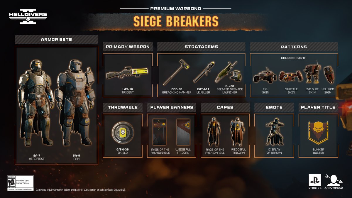 Siege Breakers highlights include:

Primary:
LAS-16 Trident - fires six beams compared to the original’s three

Stratagems:
CQC-20 Breaching Hammer - can do straight smashing, or it can have an explosive charge attached to its head
EAT-411 - fires one high-yield missile
GL-28