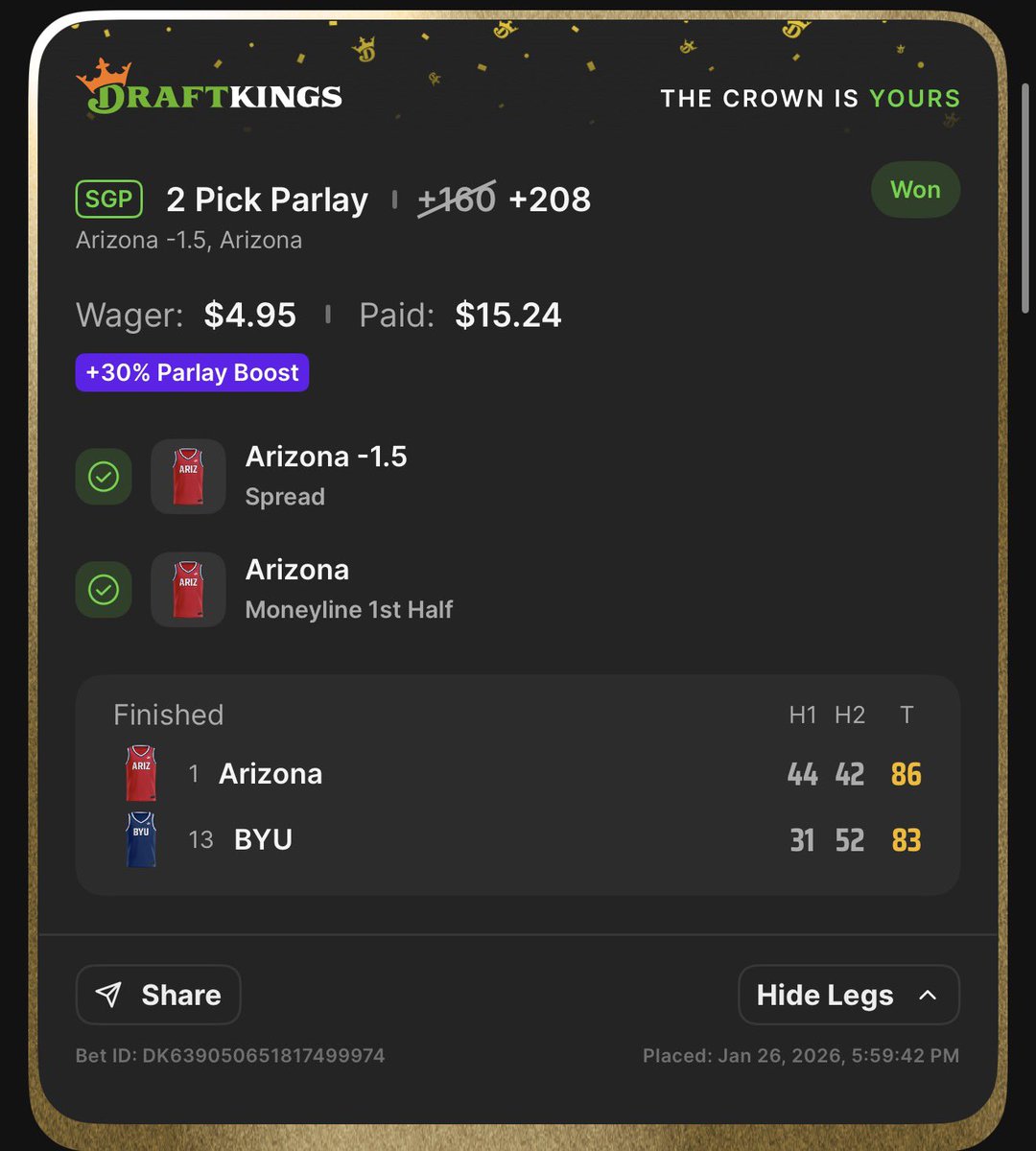 moochiegrape13's tweet photo. Arizona Vs. BYU did not disappoint. Solid little hit from last night just building the greatness pot. Super Bowl is in two weeks let’s grind it out and get some earnings to inevitably burn on a first touchdown bet!
#DraftKings #BYUvsARIZONA #CBB #sports #SportsBettingX #parlay https://t.co/90esGGXEEc