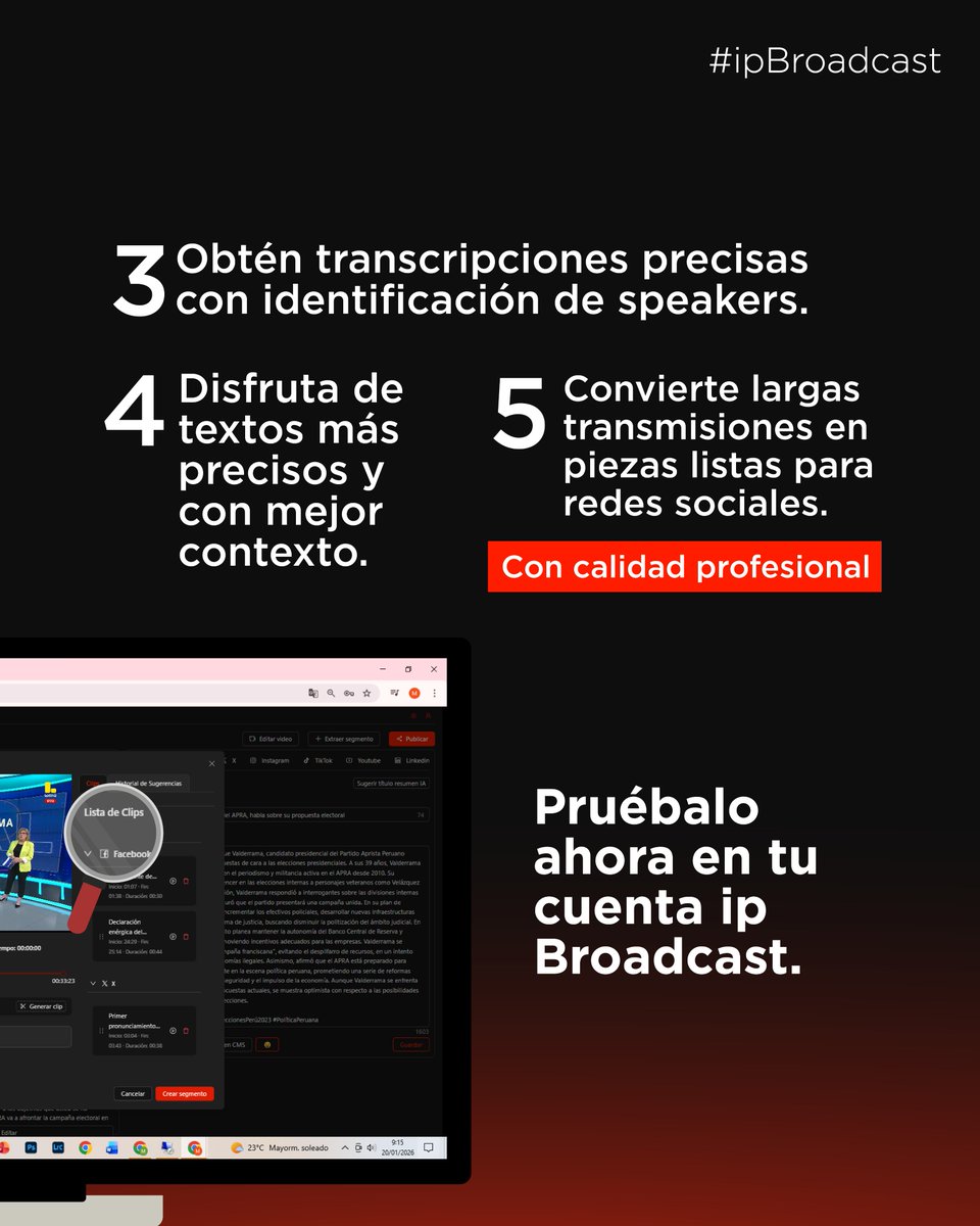 ipbroadcast_'s tweet photo. ¿Y si extraer los mejores momentos tomara solo segundos?
Descubre cómo #ipBroadcast transforma tu flujo de trabajo:
📩 broadcast@intellplat.com | senior.comercial@intellplat.com
#LATAM #Perú #ContenidoInteligente #IAEnVideo #ProducciónAudiovisual #VideoDigital #MediosDigitales https://t.co/G2dsrK5iZT