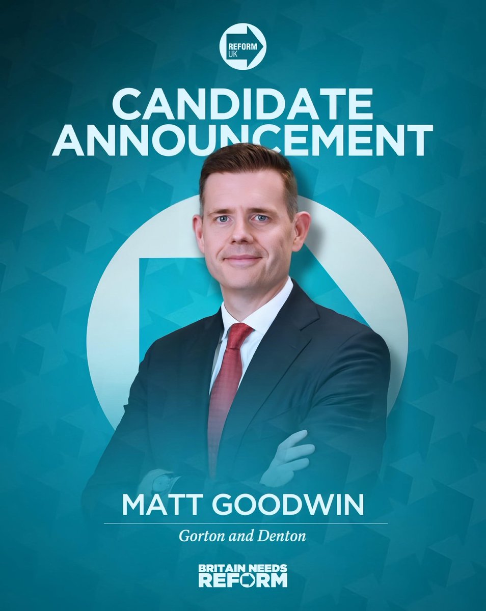 Joseph_Boam's tweet image. 🚨 Matt Goodwin has just been announced as our candidate for the Gorton &amp;amp; Denton by-election.

Matt is exactly the kind of straight talking, common-sense voice politics needs right now, principled, outspoken, and unafraid to challenge the broken consensus.

Good luck, Matt! 🇬🇧➡️