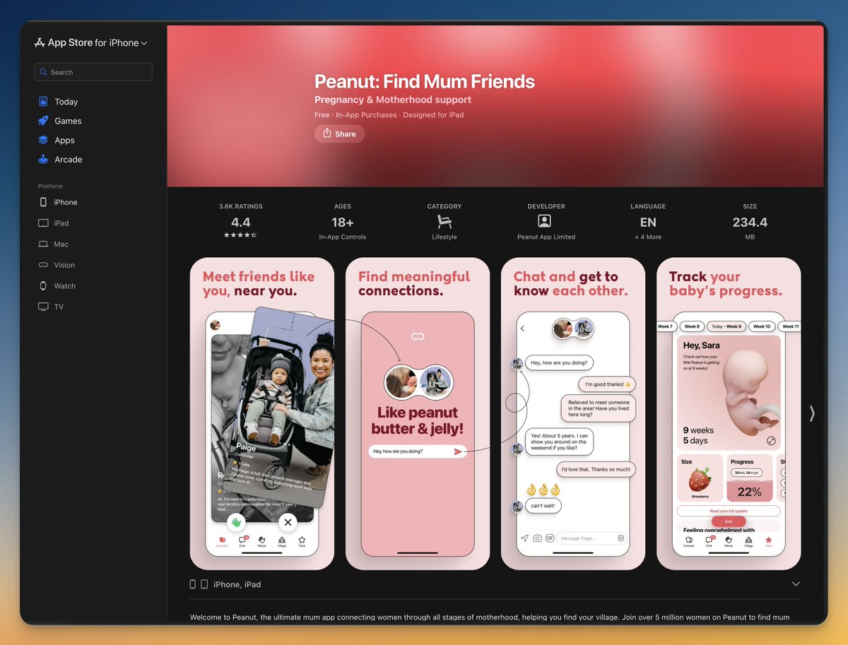 heyitzami's tweet photo. if you think you're going too niche, think again

here's Peanut, a social app made for mothers to match other mothers

a tinder-like ui but for friendship, connecting with people, and building a community

i might start doing more posts about unusual apps, who's interested?