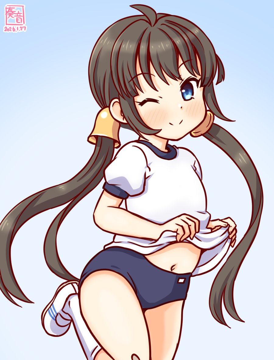 「ていとくぅ!これ、なぁんだ?
 おー!あったりぃ! ブルマだよ!
 正解の賞品は…❤」

#艦これ版真剣お絵描き60分一本勝負_20260127
#第二十二号海防艦 