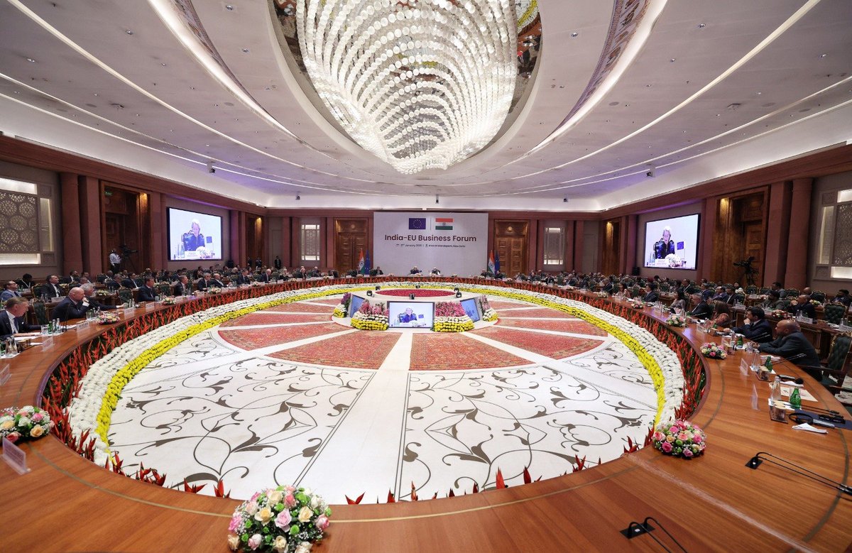 narendramodi's tweet image. The India-EU Business Forum was a great platform to discuss the wide-ranging economic linkages between India and Europe. The Free Trade Agreement signed today brings innumerable benefits for businesses, MSMEs and innovators. It is a new blueprint for shared prosperity.…